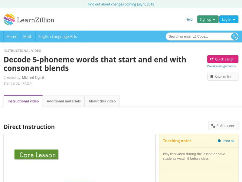 Learn Zillion: Decode 5 Phoneme Words That Start and End With Consonant Blends Instructional Video