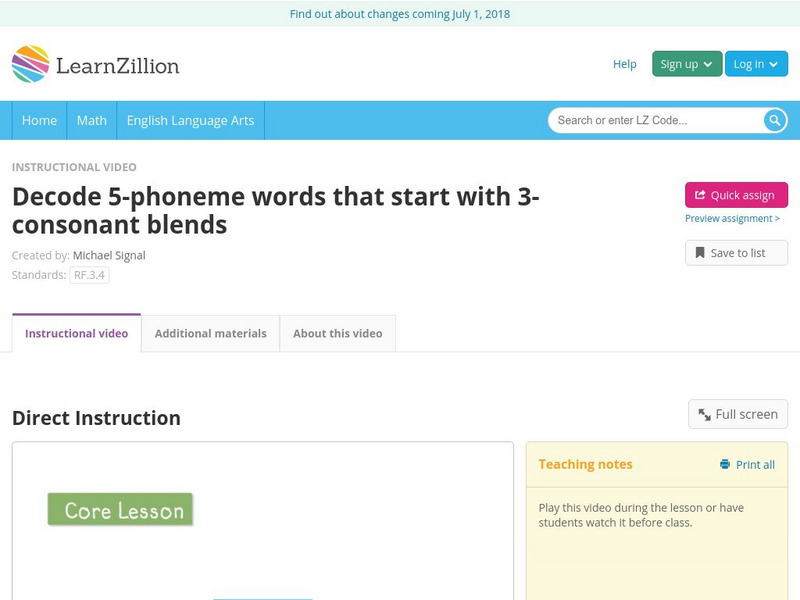 Learn Zillion: Decode 5 Phoneme Words That Start With 3 Consonant Blends Instructional Video