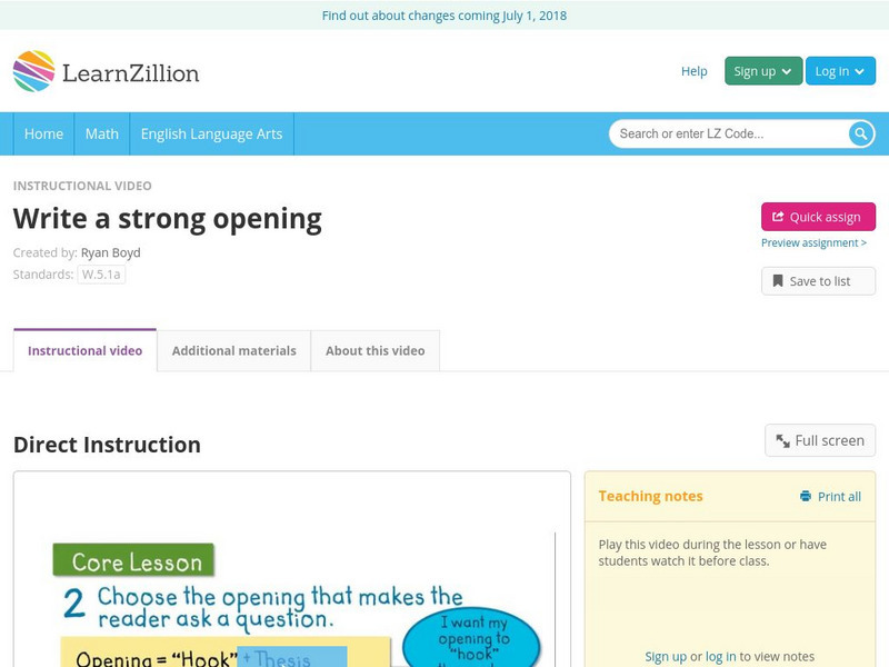 Learn Zillion: Write a Strong Opening Instructional Video Learn Zillion: Write a Strong Opening Instructional Video