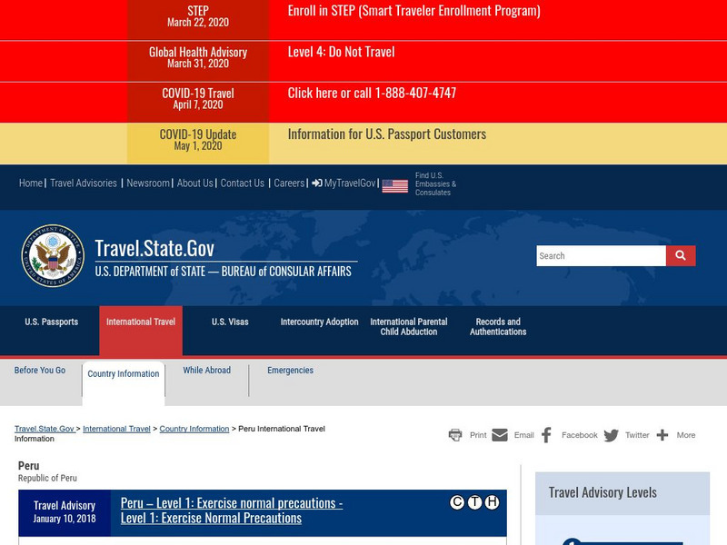 U.s. Department of State: Consular Information Sheet: Peru Handout U.s. Department of State: Consular Information Sheet: Peru Handout