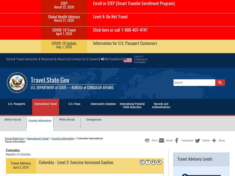 U.s. Dept. State: Consular Information Sheet: Colombia Website U.s. Dept. State: Consular Information Sheet: Colombia Website