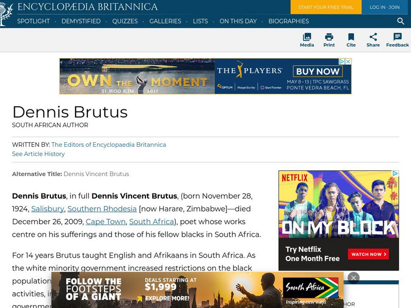 Encyclopedia Britannica: Guide to Black History: Dennis Brutus Handout Encyclopedia Britannica: Guide to Black History: Dennis Brutus Handout