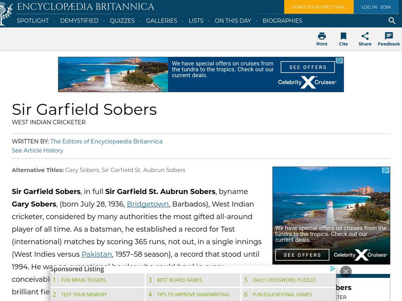 Encyclopedia Britannica: Sir Garfield Sobers Handout Encyclopedia Britannica: Sir Garfield Sobers Handout