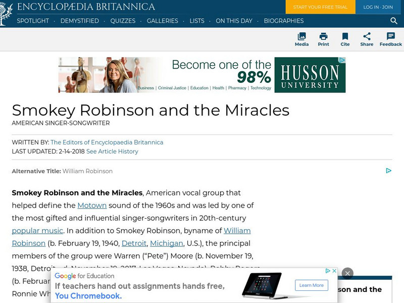 Encyclopedia Britannica: Smokey Robinson and the Miracles Handout Encyclopedia Britannica: Smokey Robinson and the Miracles Handout