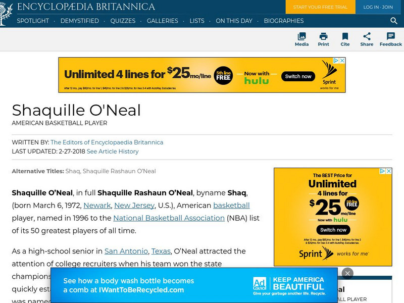 Encyclopedia Britannica: Shaquille O'neal Handout Encyclopedia Britannica: Shaquille O'neal Handout