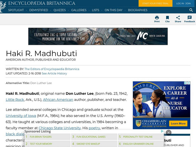 Encyclopedia Britannica: Haki R. Madhubuti Handout Encyclopedia Britannica: Haki R. Madhubuti Handout