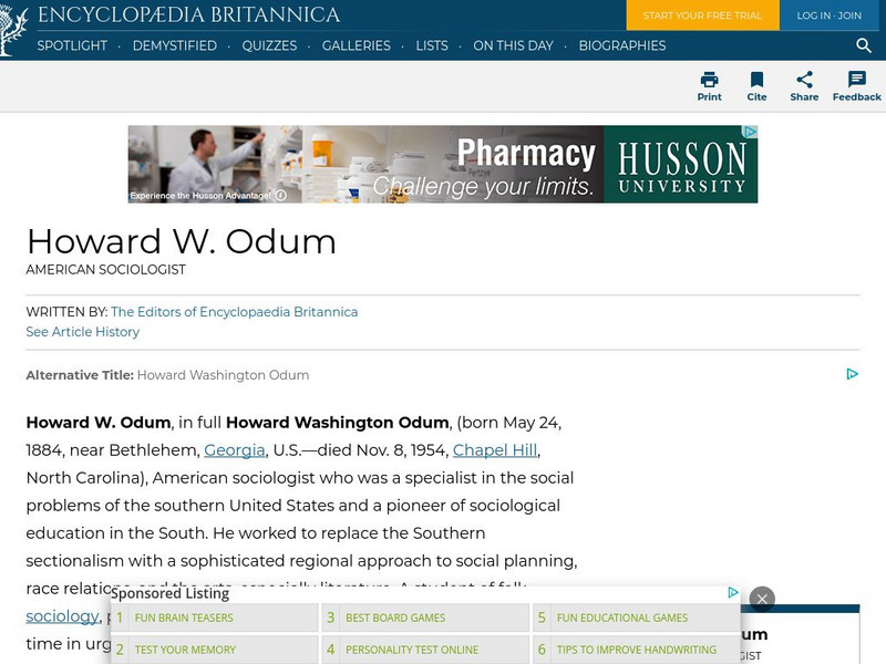 Encyclopedia Britannica: Howard W. Odum Handout Encyclopedia Britannica: Howard W. Odum Handout