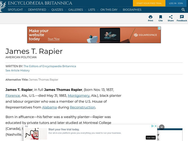 Encyclopedia Britannica: James T. Rapier Handout Encyclopedia Britannica: James T. Rapier Handout