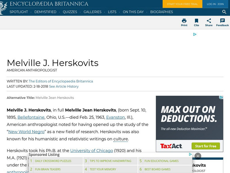 Encyclopedia Britannica: Melville J. Herskovits Handout Encyclopedia Britannica: Melville J. Herskovits Handout