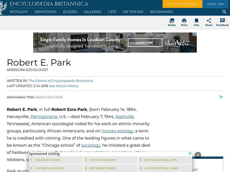 Encyclopedia Britannica: Robert E. Park Handout Encyclopedia Britannica: Robert E. Park Handout