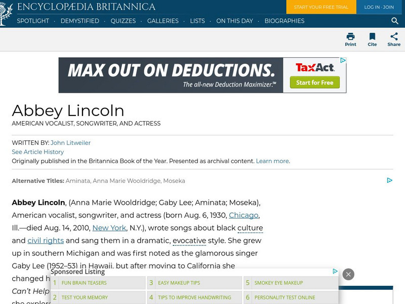 Encyclopedia Britannica: Abbey Lincoln Handout Encyclopedia Britannica: Abbey Lincoln Handout
