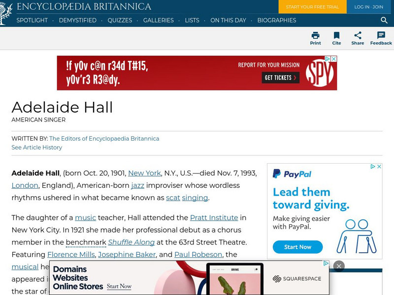 Encyclopedia Britannica: Adelaide Hall Handout Encyclopedia Britannica: Adelaide Hall Handout