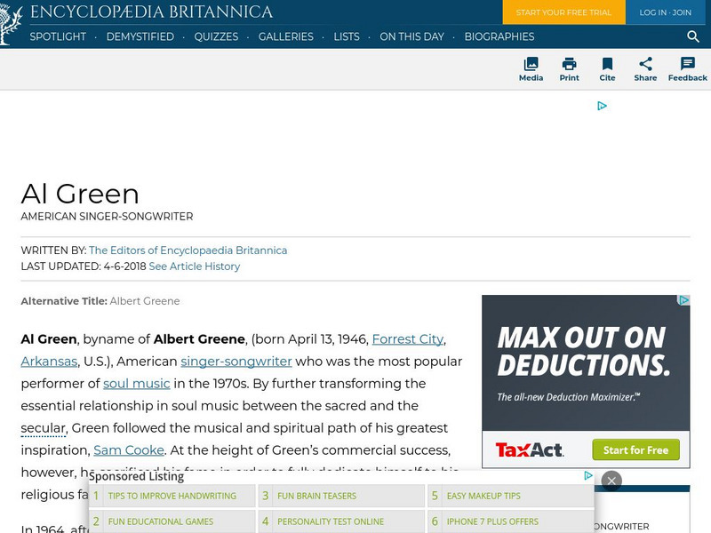Encyclopedia Britannica: Al Green Handout Encyclopedia Britannica: Al Green Handout