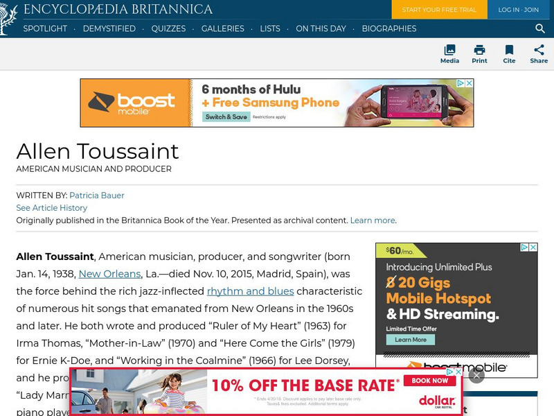 Encyclopedia Britannica: Allen Toussaint Handout Encyclopedia Britannica: Allen Toussaint Handout