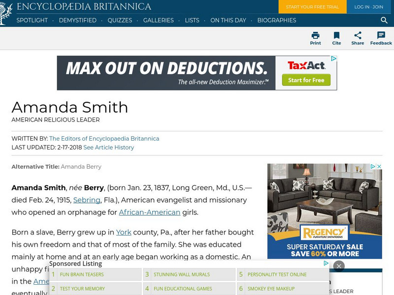 Encyclopedia Britannica: Amanda Smith Handout Encyclopedia Britannica: Amanda Smith Handout