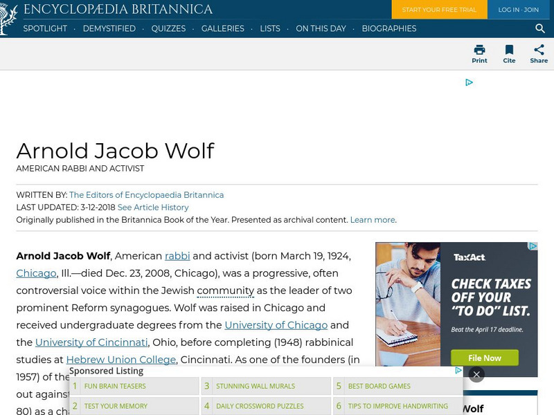 Encyclopedia Britannica: Arnold Jacob Wolf Handout Encyclopedia Britannica: Arnold Jacob Wolf Handout