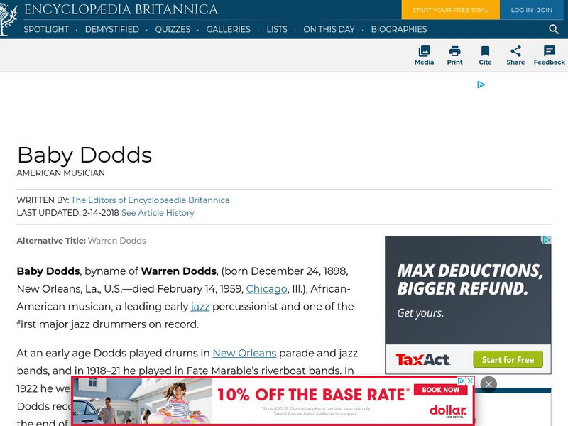 Encyclopedia Britannica: Baby Dodds Handout Encyclopedia Britannica: Baby Dodds Handout