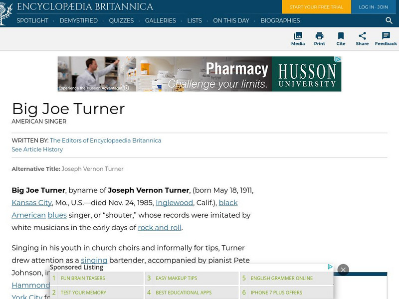 Encyclopedia Britannica: Big Joe Turner Handout Encyclopedia Britannica: Big Joe Turner Handout