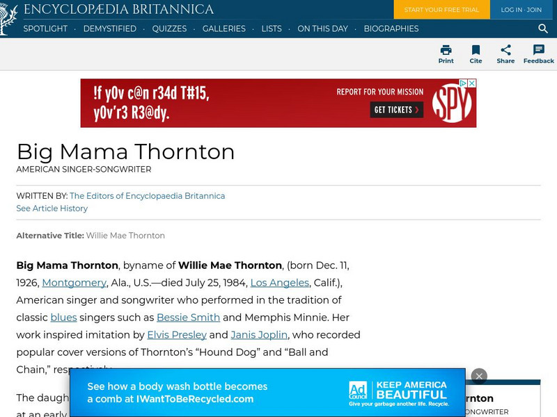 Encyclopedia Britannica: Big Mama Thornton Handout Encyclopedia Britannica: Big Mama Thornton Handout