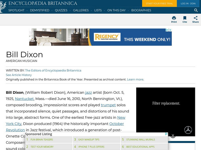 Encyclopedia Britannica: Bill Dixon Handout Encyclopedia Britannica: Bill Dixon Handout