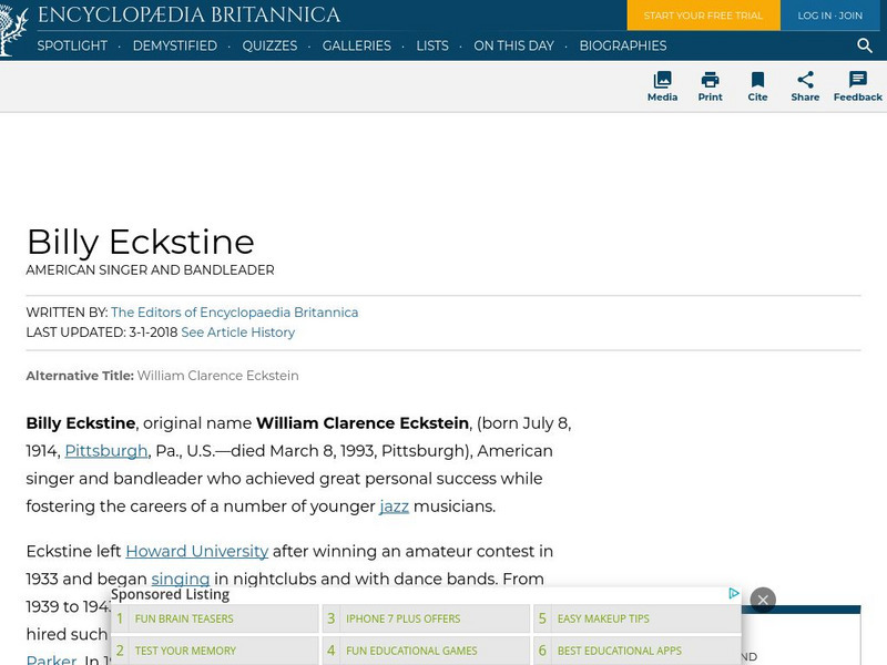 Encyclopedia Britannica: Billy Eckstine Handout Encyclopedia Britannica: Billy Eckstine Handout