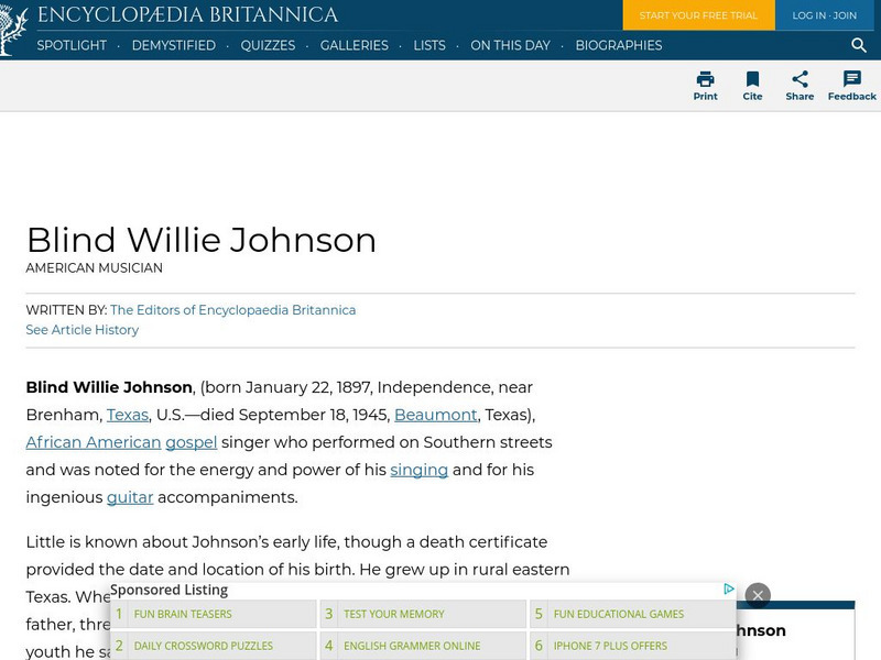 Encyclopedia Britannica: Blind Willie Johnson Handout Encyclopedia Britannica: Blind Willie Johnson Handout