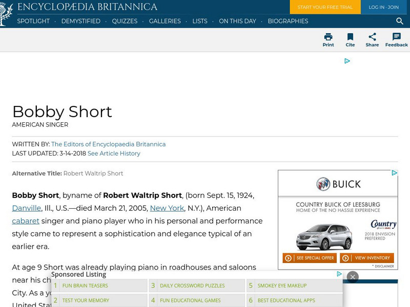 Encyclopedia Britannica: Bobby Short Handout Encyclopedia Britannica: Bobby Short Handout