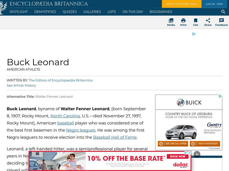 Encyclopedia Britannica: Buck Leonard Handout Encyclopedia Britannica: Buck Leonard Handout