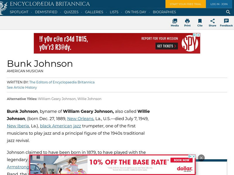 Encyclopedia Britannica: Bunk Johnson Handout Encyclopedia Britannica: Bunk Johnson Handout