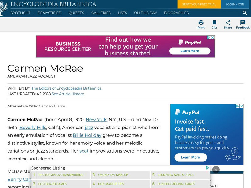 Encyclopedia Britannica: Carmen Mc Rae Handout Encyclopedia Britannica: Carmen Mc Rae Handout
