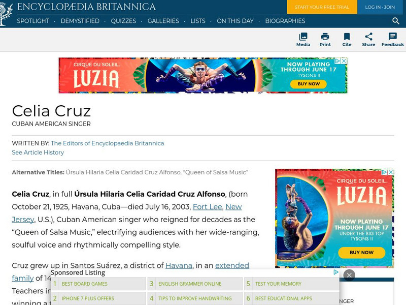 Encyclopedia Britannica: Celia Cruz Handout Encyclopedia Britannica: Celia Cruz Handout