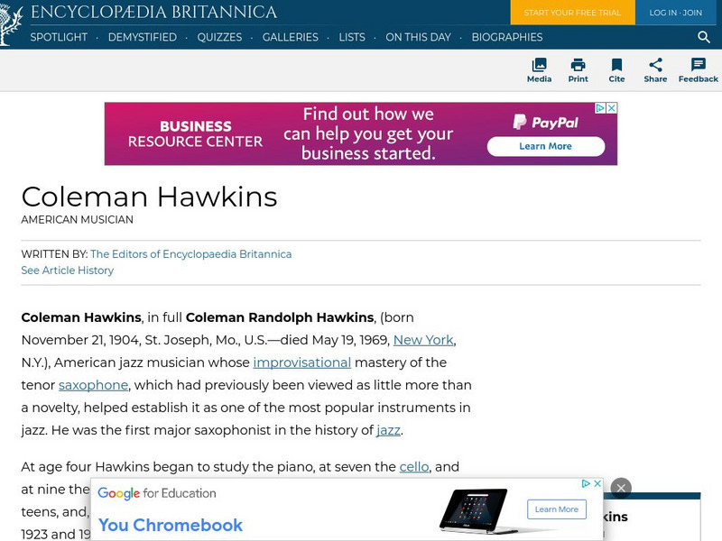 Encyclopedia Britannica: Coleman Hawkins Handout Encyclopedia Britannica: Coleman Hawkins Handout
