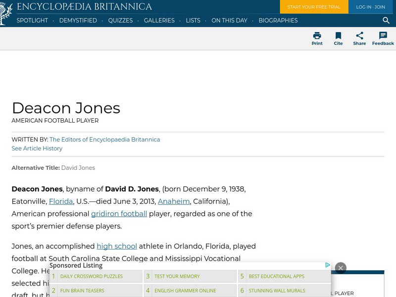 Encyclopedia Britannica: Deacon Jones Handout Encyclopedia Britannica: Deacon Jones Handout