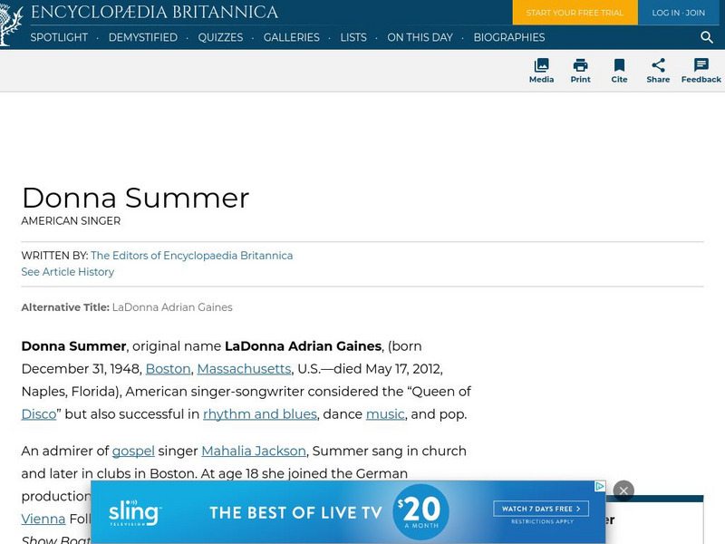 Encyclopedia Britannica: Donna Summer Handout Encyclopedia Britannica: Donna Summer Handout
