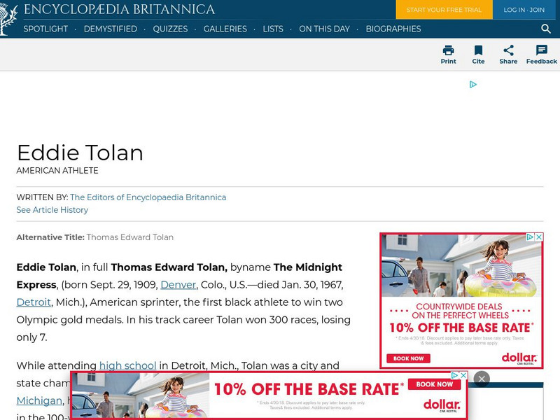 Encyclopedia Britannica: Eddie Tolan Handout Encyclopedia Britannica: Eddie Tolan Handout