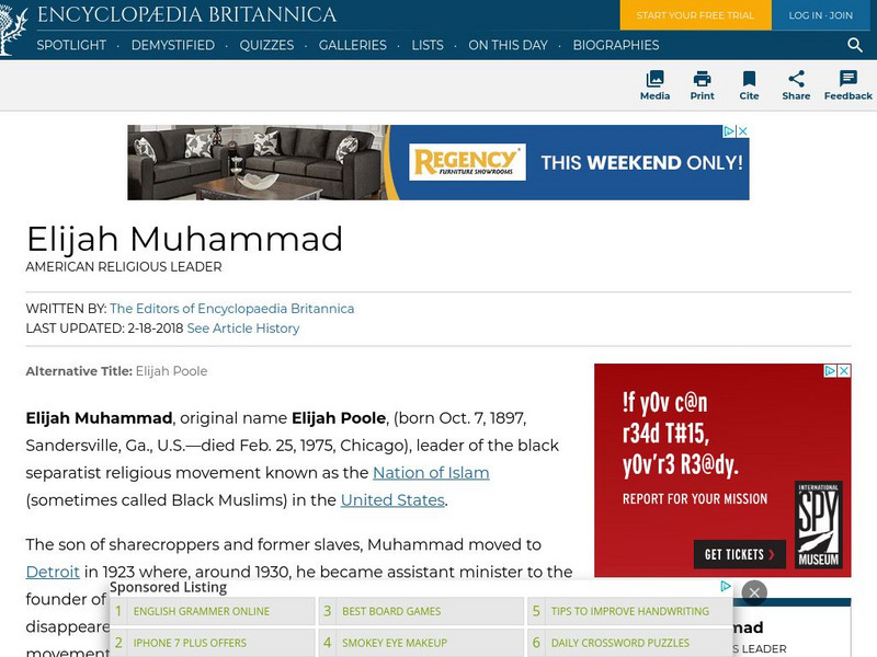 Encyclopedia Britannica: Elijah Muhammad Handout Encyclopedia Britannica: Elijah Muhammad Handout