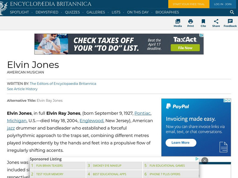 Encyclopedia Britannica: Elvin Jones Handout Encyclopedia Britannica: Elvin Jones Handout