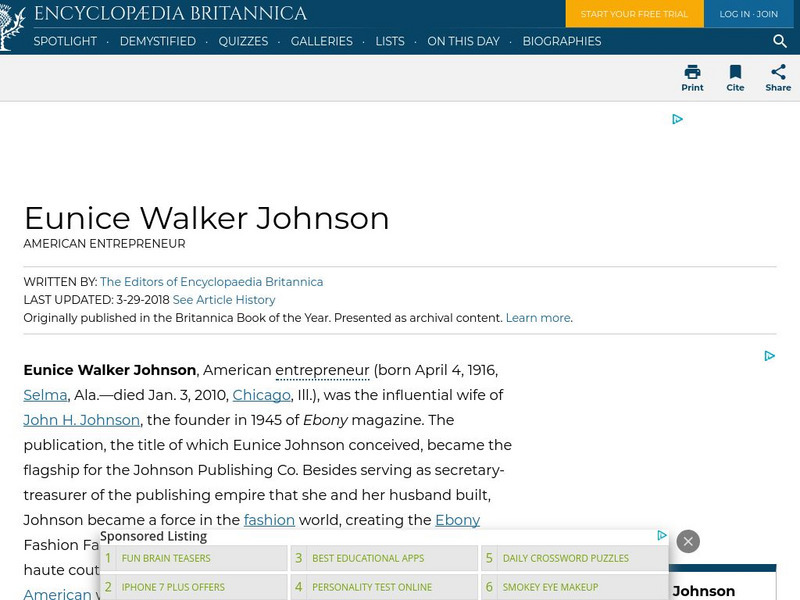 Encyclopedia Britannica: Eunice Walker Johnson Handout