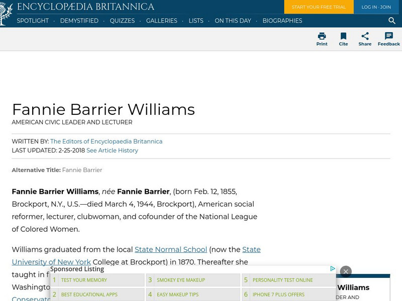 Encyclopedia Britannica: Fannie Barrier Williams Handout