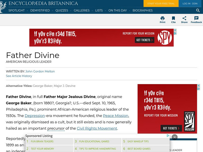 Encyclopedia Britannica: Father Divine Handout