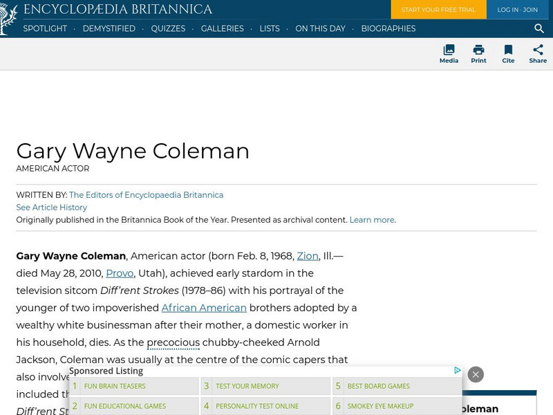 Encyclopedia Britannica: Gary Wayne Coleman Handout