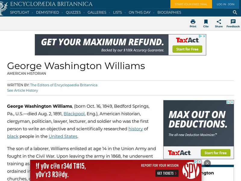 Encyclopedia Britannica: George Washington Williams Handout Encyclopedia Britannica: George Washington Williams Handout