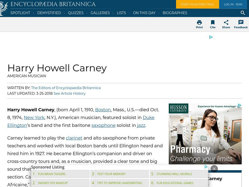 Encyclopedia Britannica: Harry Howell Carney Handout Encyclopedia Britannica: Harry Howell Carney Handout