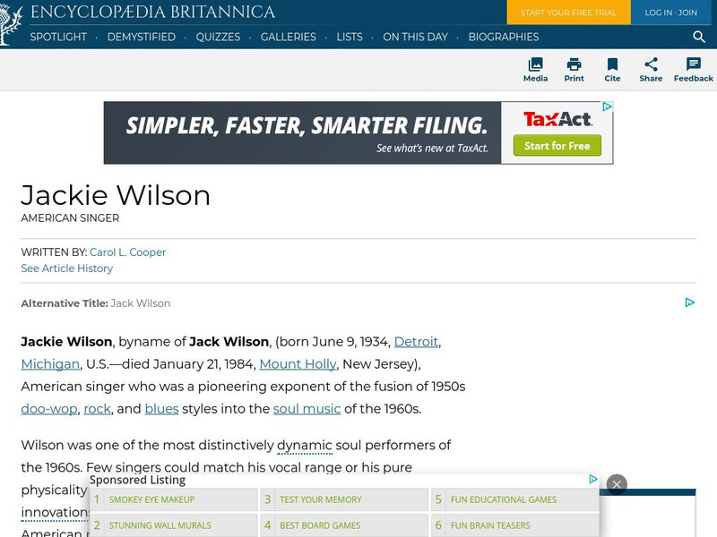 Encyclopedia Britannica: Jackie Wilson Handout Encyclopedia Britannica: Jackie Wilson Handout