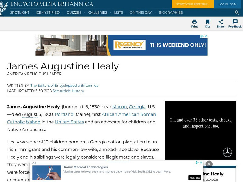 Encyclopedia Britannica: James Augustine Healy Handout Encyclopedia Britannica: James Augustine Healy Handout