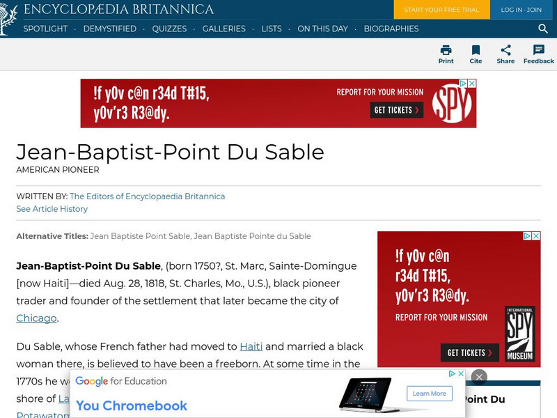 Encyclopedia Britannica: Jean Baptist Point Du Sable Handout