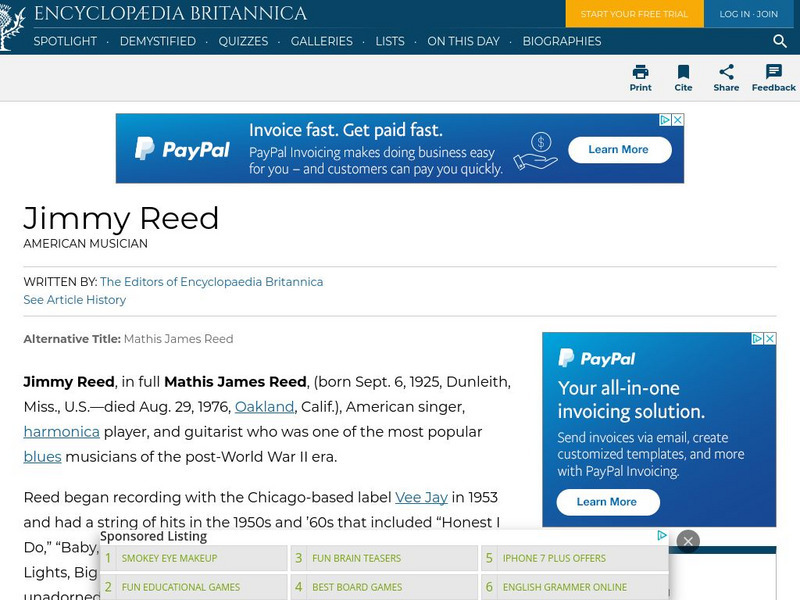 Encyclopedia Britannica: Jimmy Reed Handout Encyclopedia Britannica: Jimmy Reed Handout