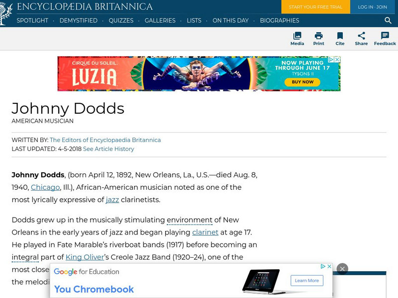Encyclopedia Britannica: Johnny Dodds Handout Encyclopedia Britannica: Johnny Dodds Handout