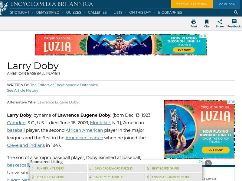 Encyclopedia Britannica: Larry Doby Handout Encyclopedia Britannica: Larry Doby Handout
