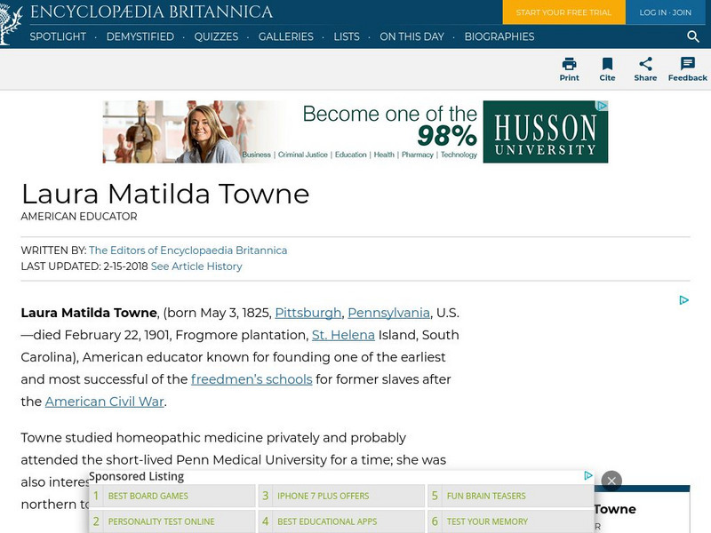 Encyclopedia Britannica: Laura Matilda Towne Handout Encyclopedia Britannica: Laura Matilda Towne Handout